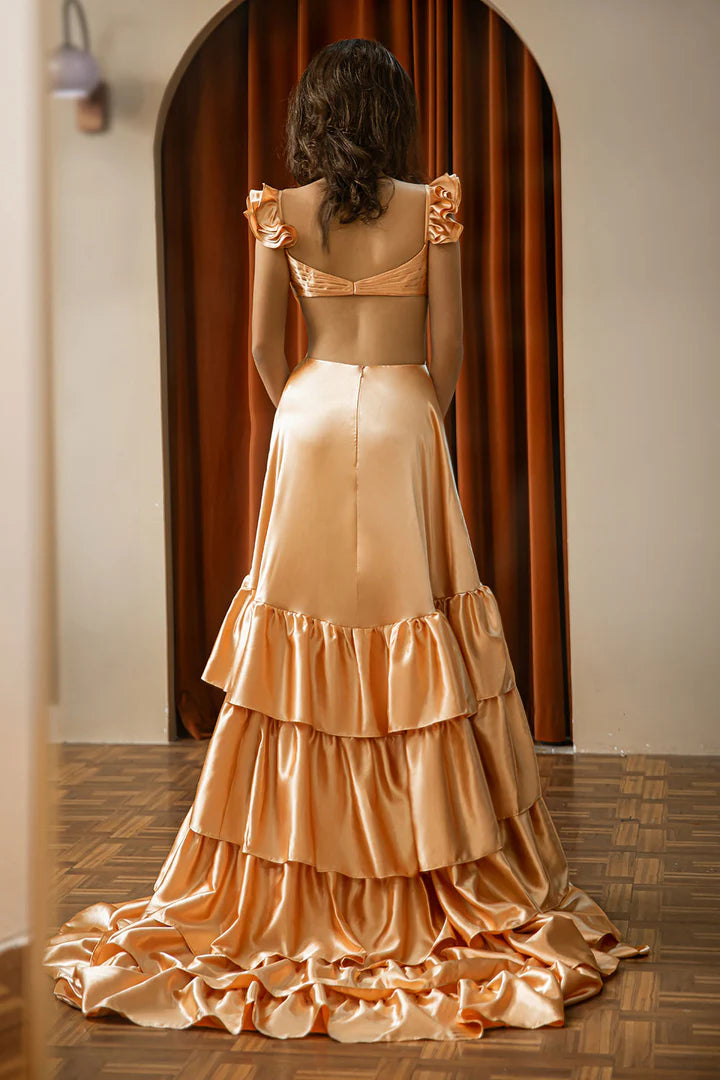 A-Line V-neck Ruffle Tiered Slit Satin Floor-length Prom Dress