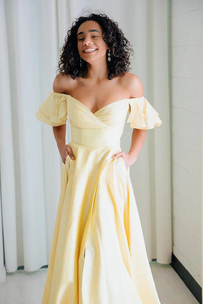 Off Shoulder Ruffles Long Yellow Wedding Guest Party Dress with Slit