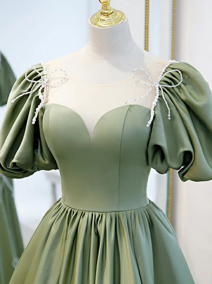 A-Line Green Puffy Sleeve Satin Short Prom Dress Formal Cocktail Dresses