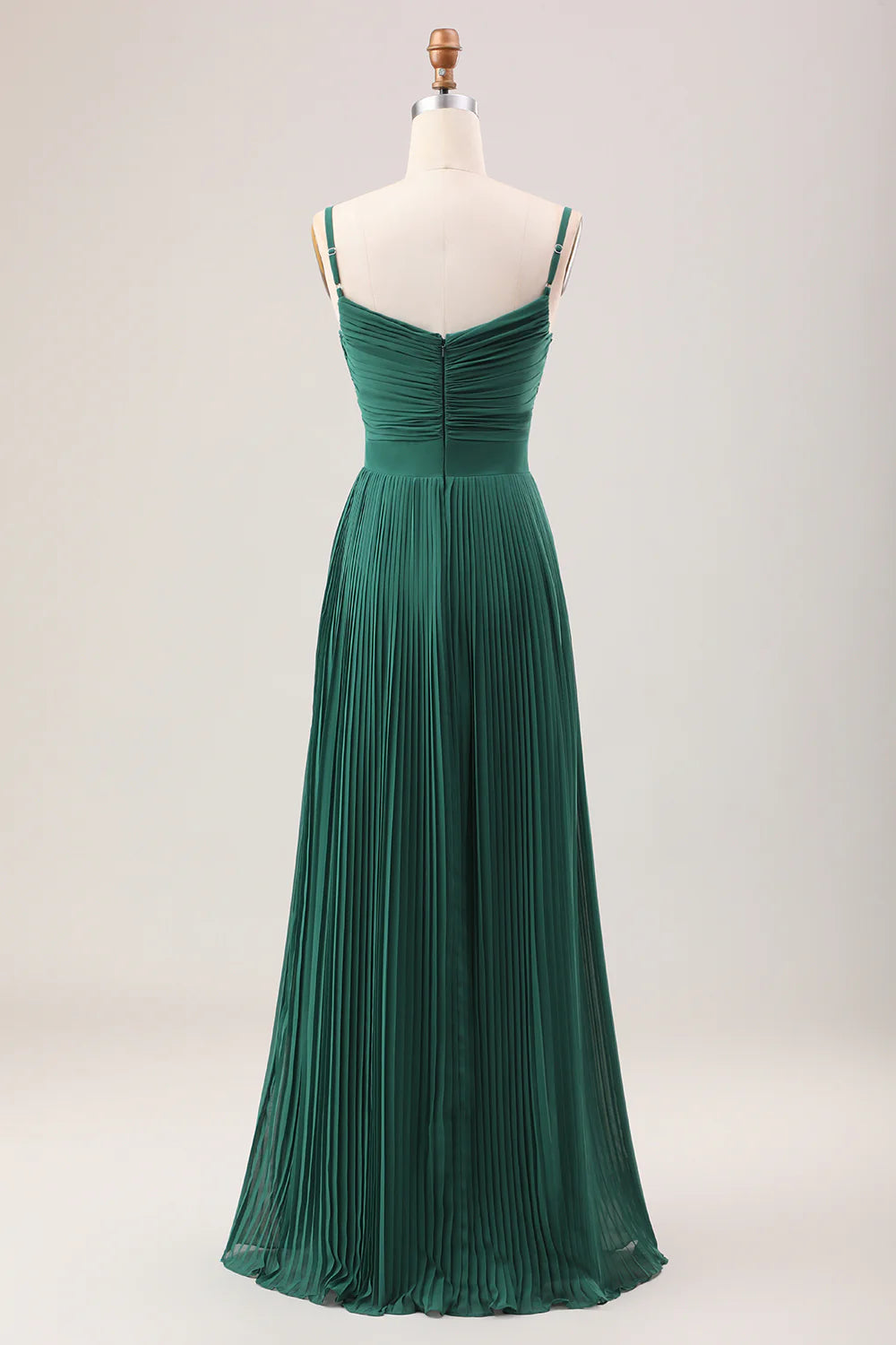 Dark Green A-Line Spaghetti Straps Pleated Chiffon Long Bridesmaid Dress Formal Wedding Guest Party Dresses