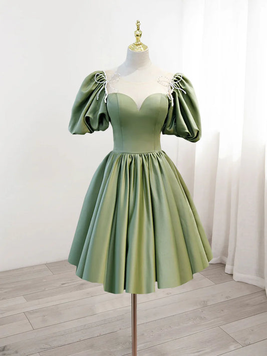 A-Line Green Puffy Sleeve Satin Short Prom Dress Formal Cocktail Dresses