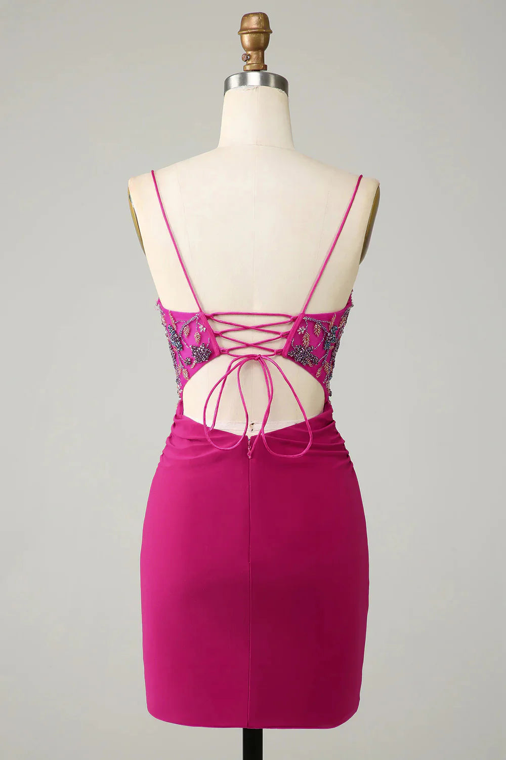 Bodycon Spaghetti Straps Fuchsia Short Homecoming Dress with Beaded