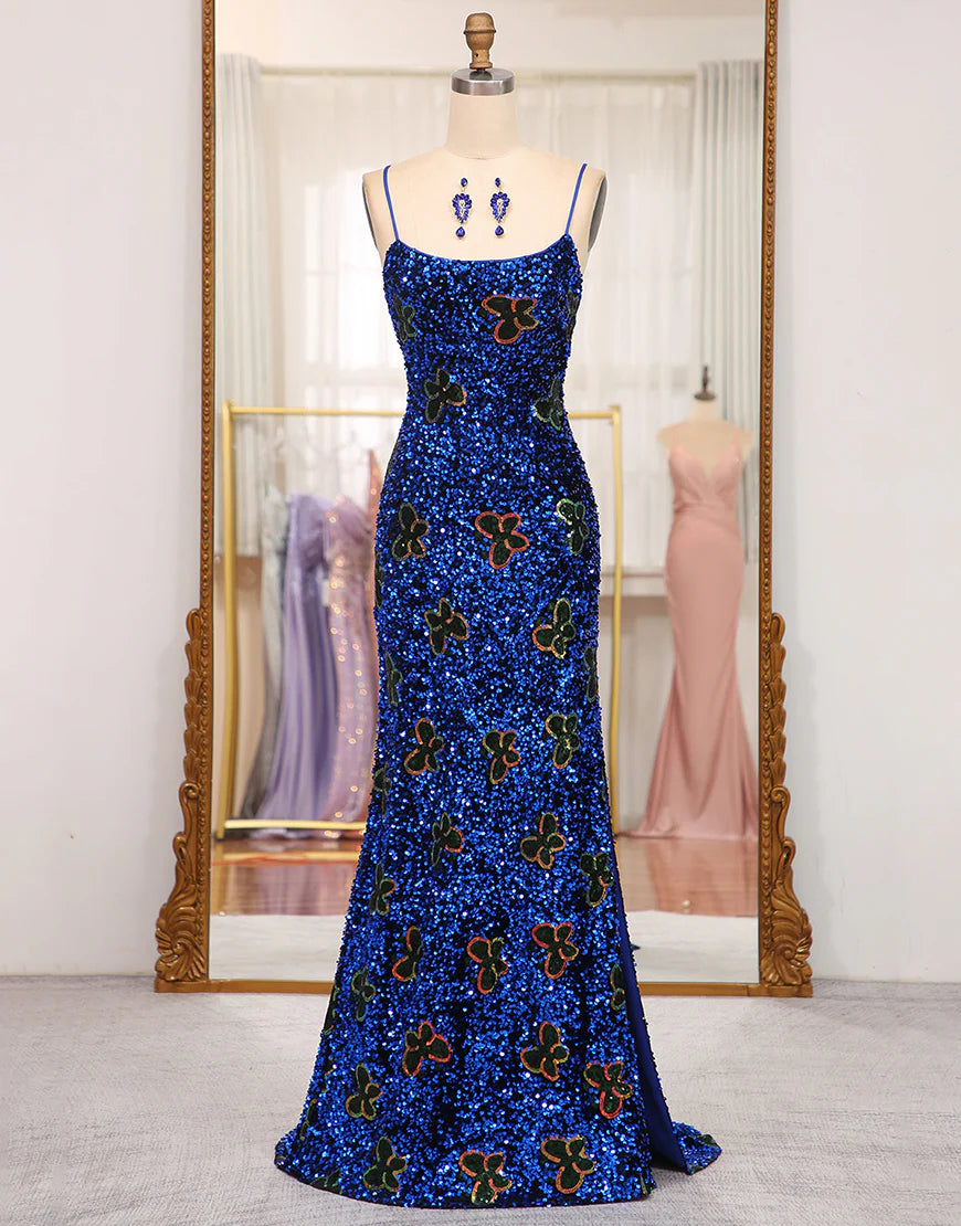 Sequins/Sparkling Royal Blue Lace Up Spaghetti Strap Prom Dress With Slit