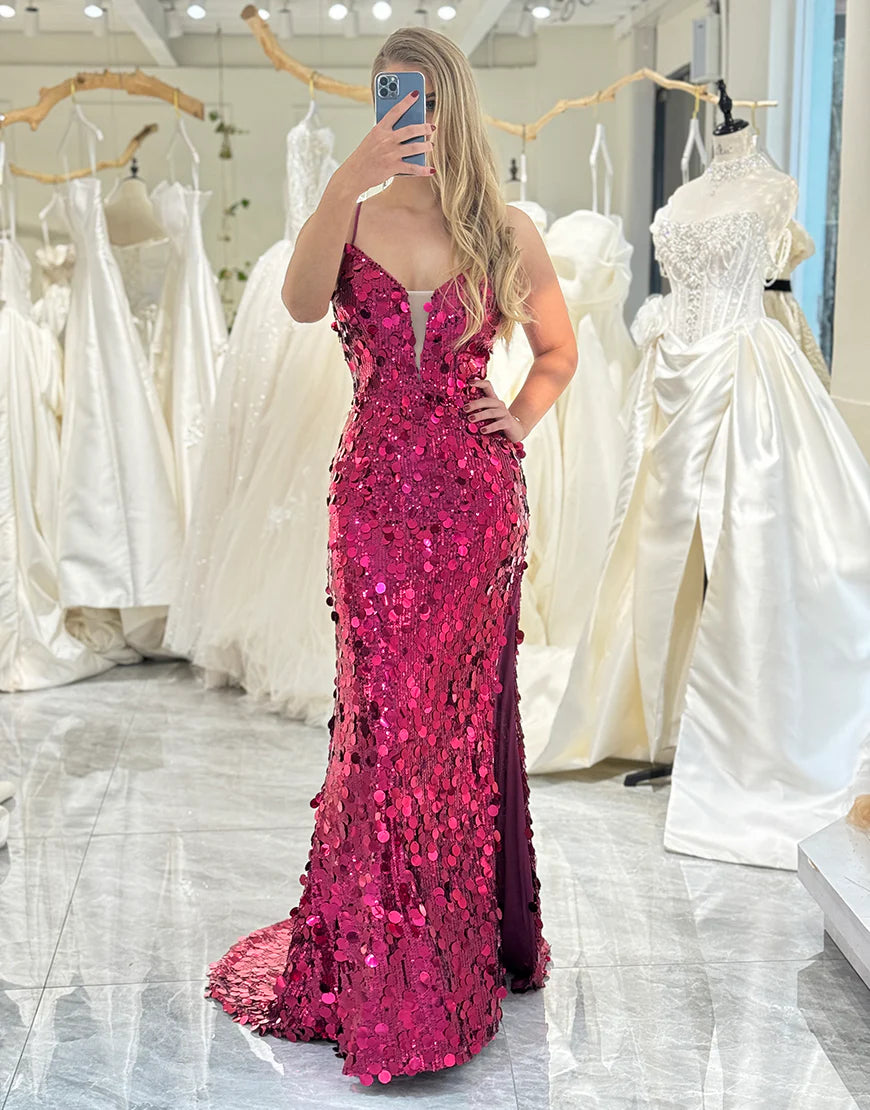 Sparkly Fuchsia Mermaid Corset V-Neck Prom Dress With Slit