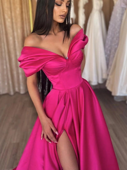 Elegant V Neck Off Shoulder Satin Formal Evening Dress Long Prom Dress