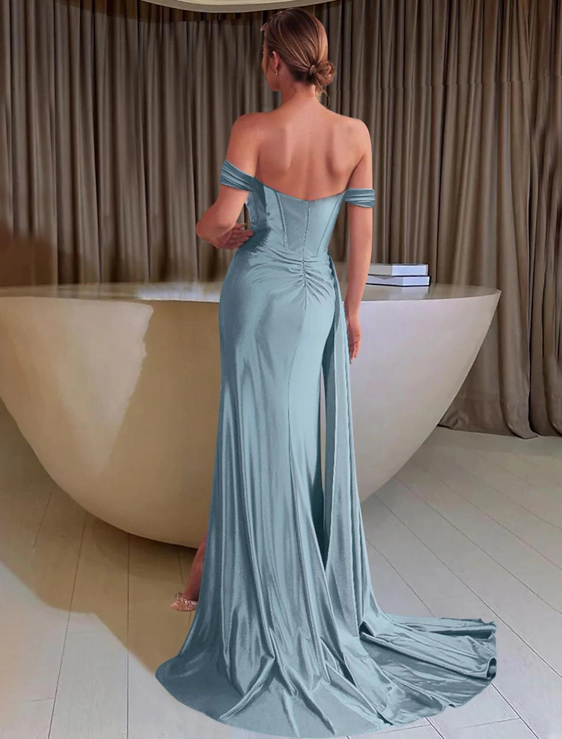 Mermaid Evening Gown Prom Party Dress Floor Length Short Sleeve Off Shoulder Satin with Ruched Slit