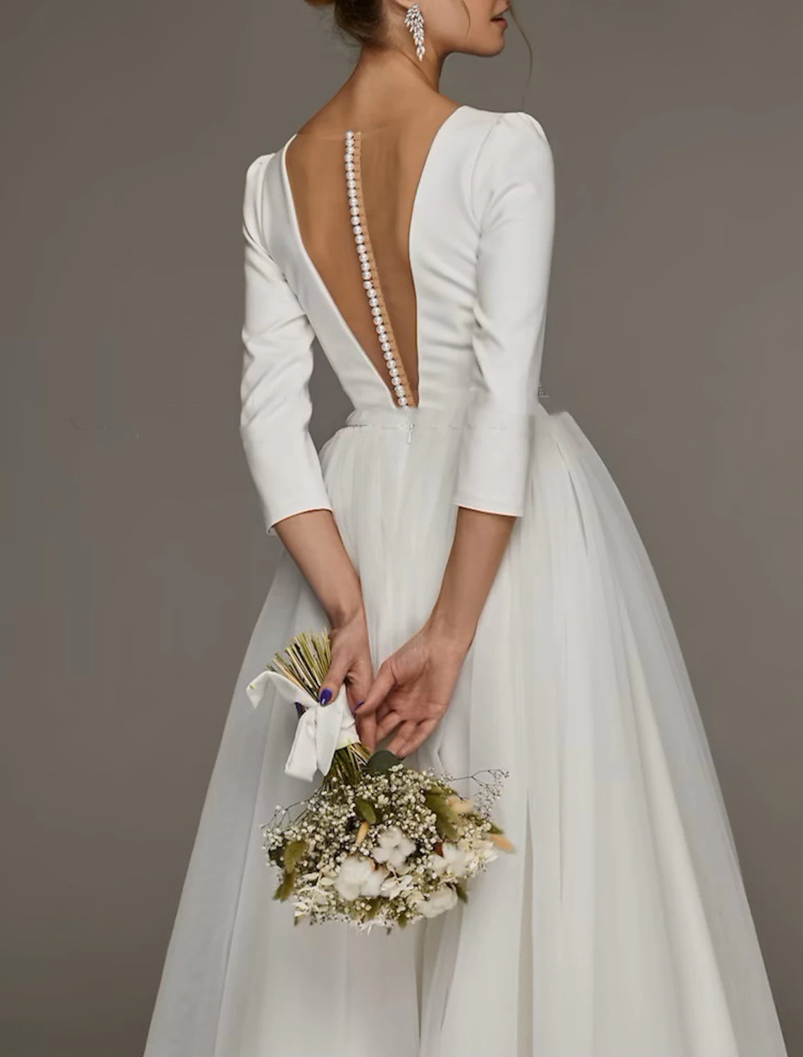 Simple Wedding Dresses A-Line Off Shoulder Cap Sleeve Tea Length Chiffon With Ruched Split Front