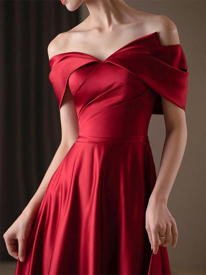 A-Line Bateau Neck Satin Fabric Floor-Length Formal Evening Dress