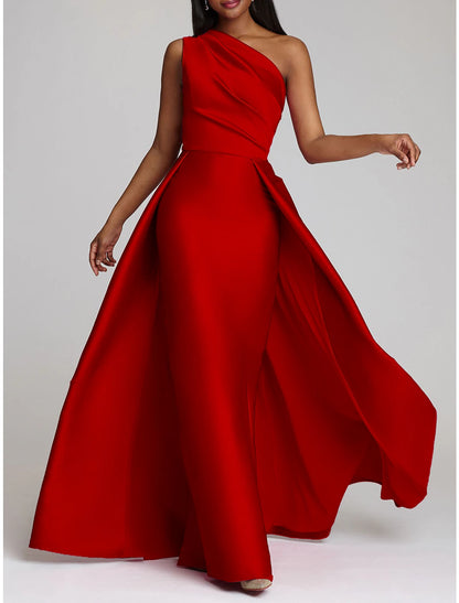 Sheath Evening Gown Wedding Guest Floor Length Sleeveless One Shoulder Satin with Overskirt Pure Color