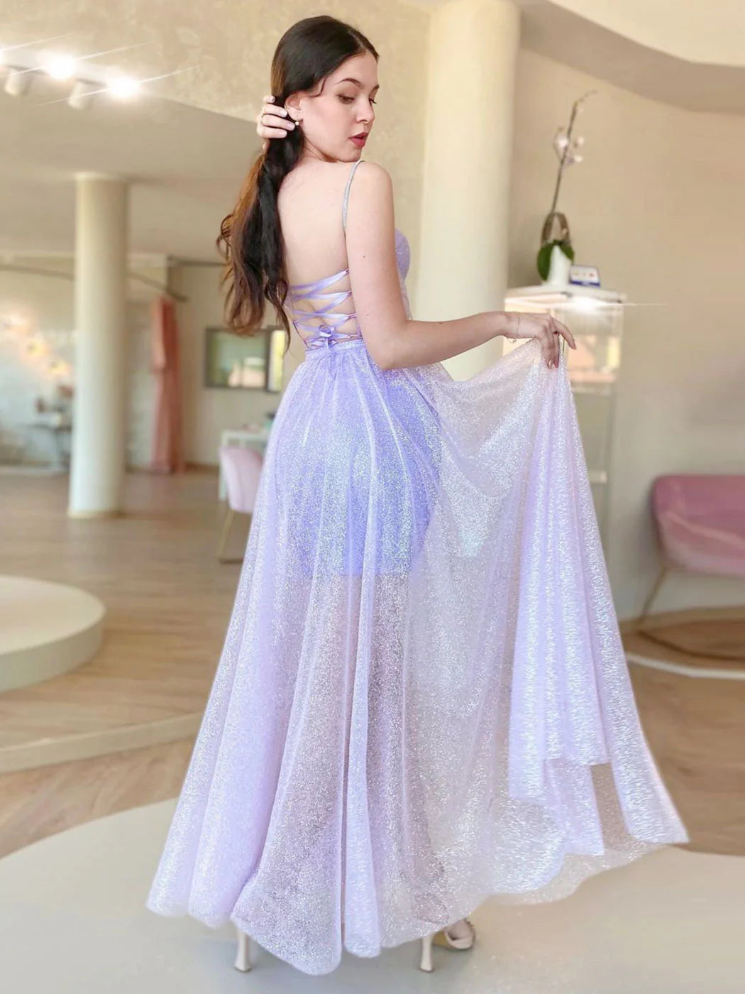 Sparkling A-Line Sweetheart Neck Tulle Purple Evening Dress Long Prom Dress