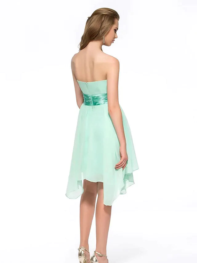 A-Line Minimalist Elegant Engagement Cocktail Party Dress Strapless Sleeveless Asymmetrical Knee Length Chiffon with Sash Ribbon Bow(s)