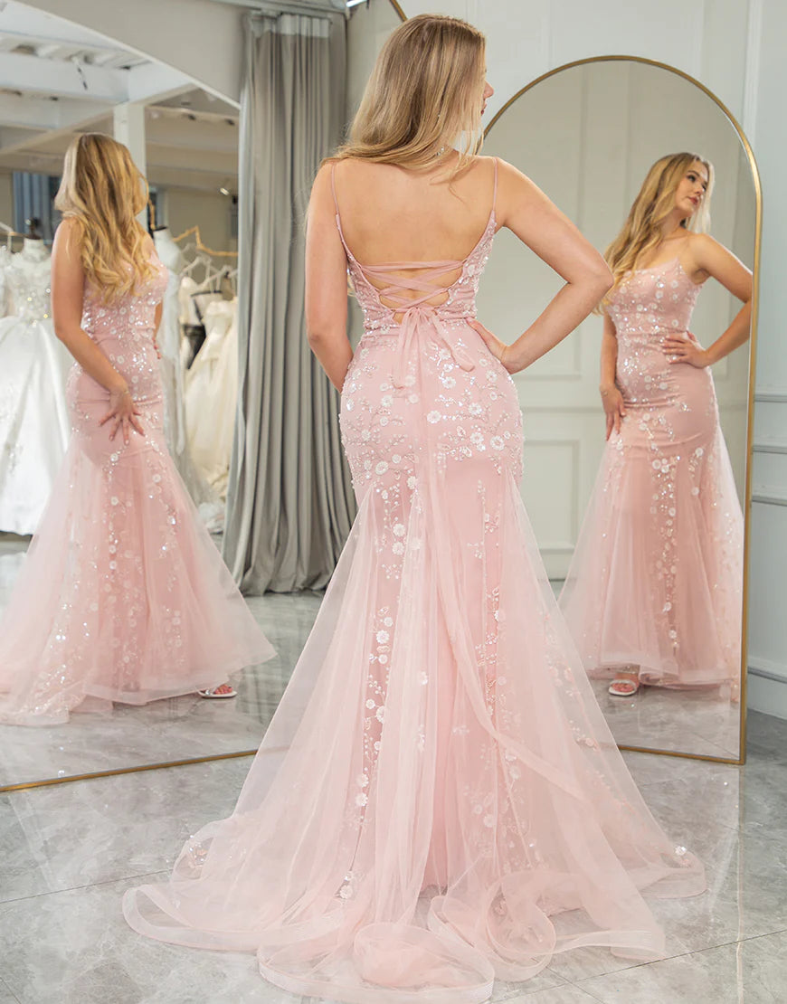 Blush Mermaid Spaghetti Straps Long Appliques Prom Dress With Lace Up Back