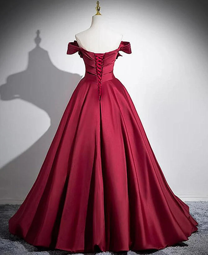 Wine Red Satin Off Shoulder Floor Length Ruched Long Prom Dress Evening Dresses