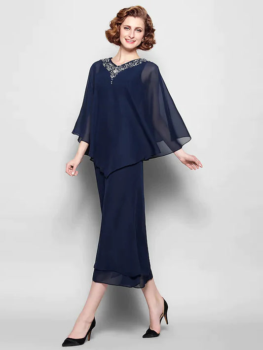 Mother of the Bride Dress V Neck Tea Length Chiffon 3/4 Length Sleeve with Crystals Beading