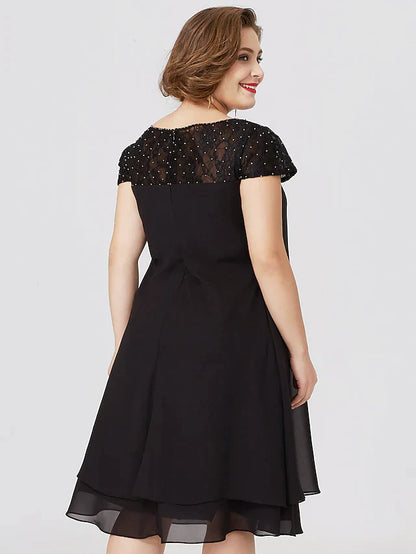 Mother of the Bride Dress Little Black Dress Plus Size See Through Jewel Neck Knee Length Chiffon Lace Short Sleeve with Pleats Beading Lace Insert