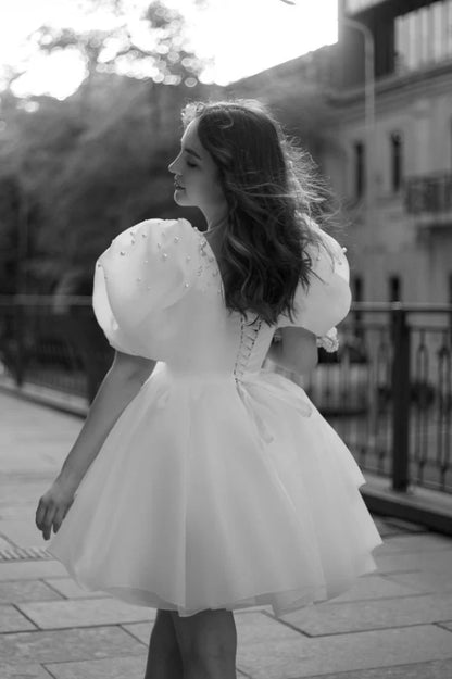 Cute A-Line Wedding Dress With Puffy Pearls Sleeves