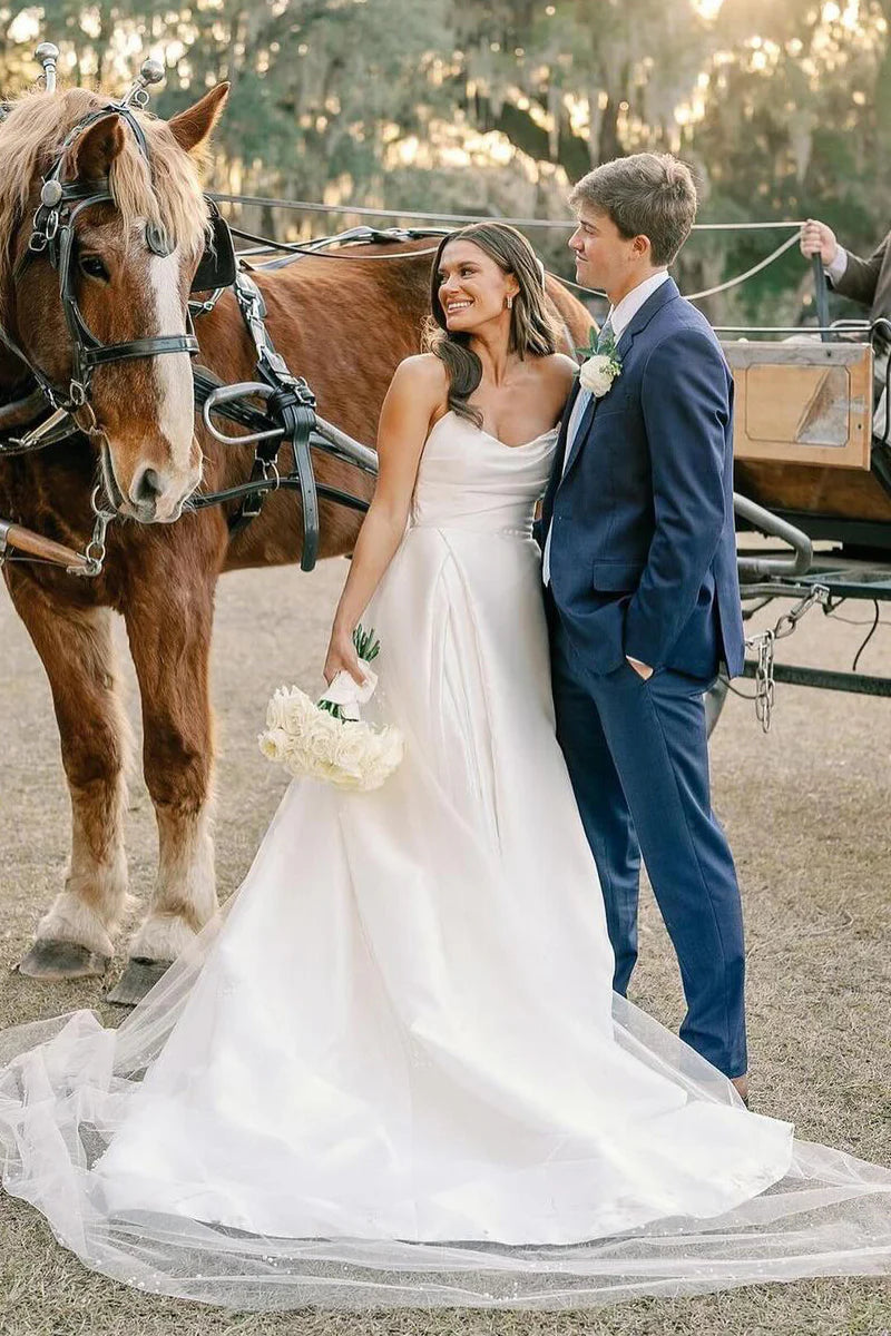 White A-Line Strapless Satin Wedding Dresses