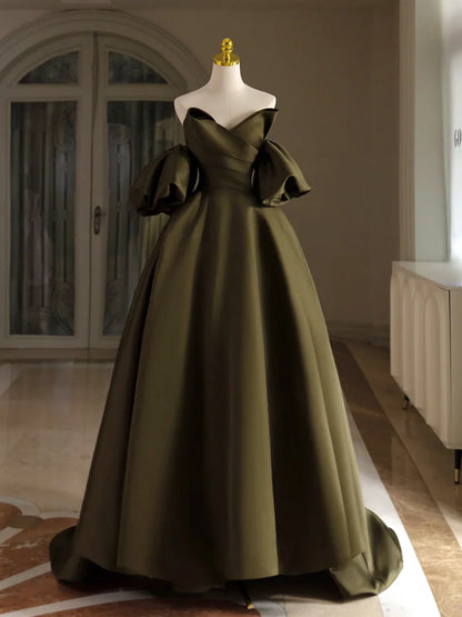 A-Line Puff Sleeves Olive Green Satin Evening Dress Long Prom Dress