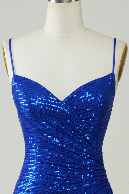 Sparkly Bodycon Spaghetti Straps Backless Royal Blue Sequins Short Homecoming Dress