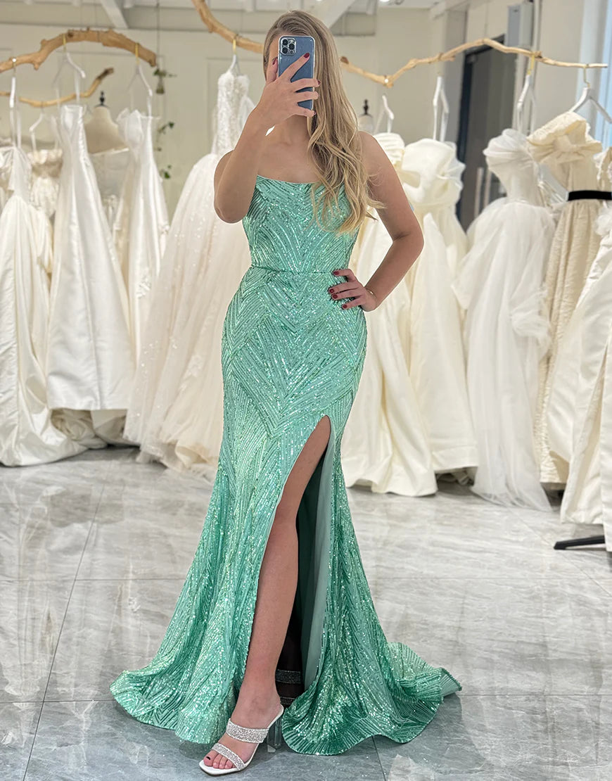 Glitter Mermaid Long Spaghetti Strap Sequins Prom Dress With Slit