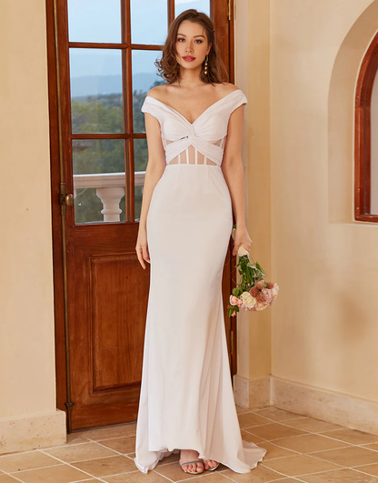 Sheath Off the Shoulder White Mermaid Wedding Dress