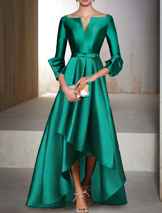 A-Line Evening Gown Elegant Dress Red Green Dress Formal Wedding Guest Floor Length 3/4 Length Sleeve V Neck Satin with Bow(s)