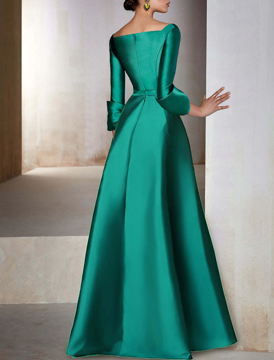 A-Line Evening Gown Elegant Wedding Guest Dress Cocktail Party Floor Length Long Sleeve V Neck Satin