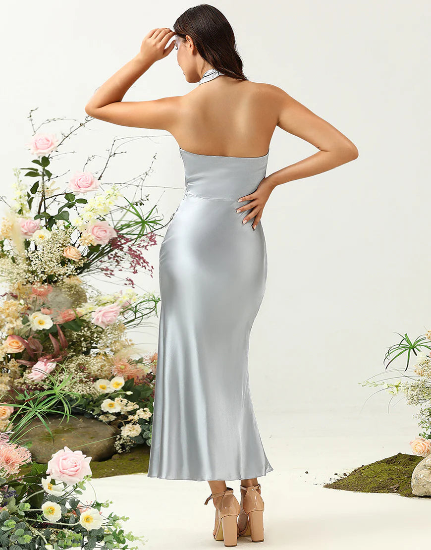 Sheath Halter Neck Silver Satin Long Bridesmaid Dress