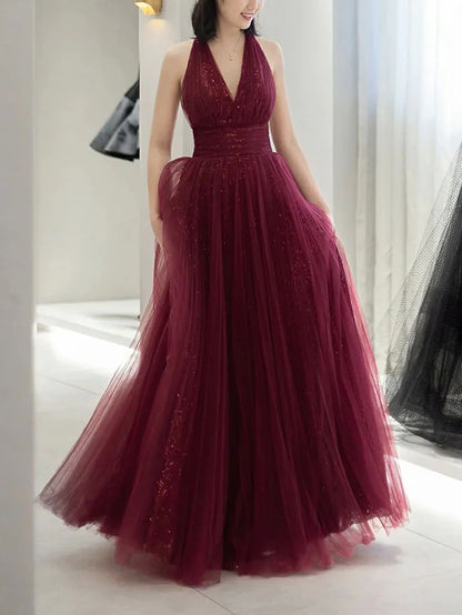 Burgundy Aline V Neck Tulle Evening Dress Sequin Long Prom Dress