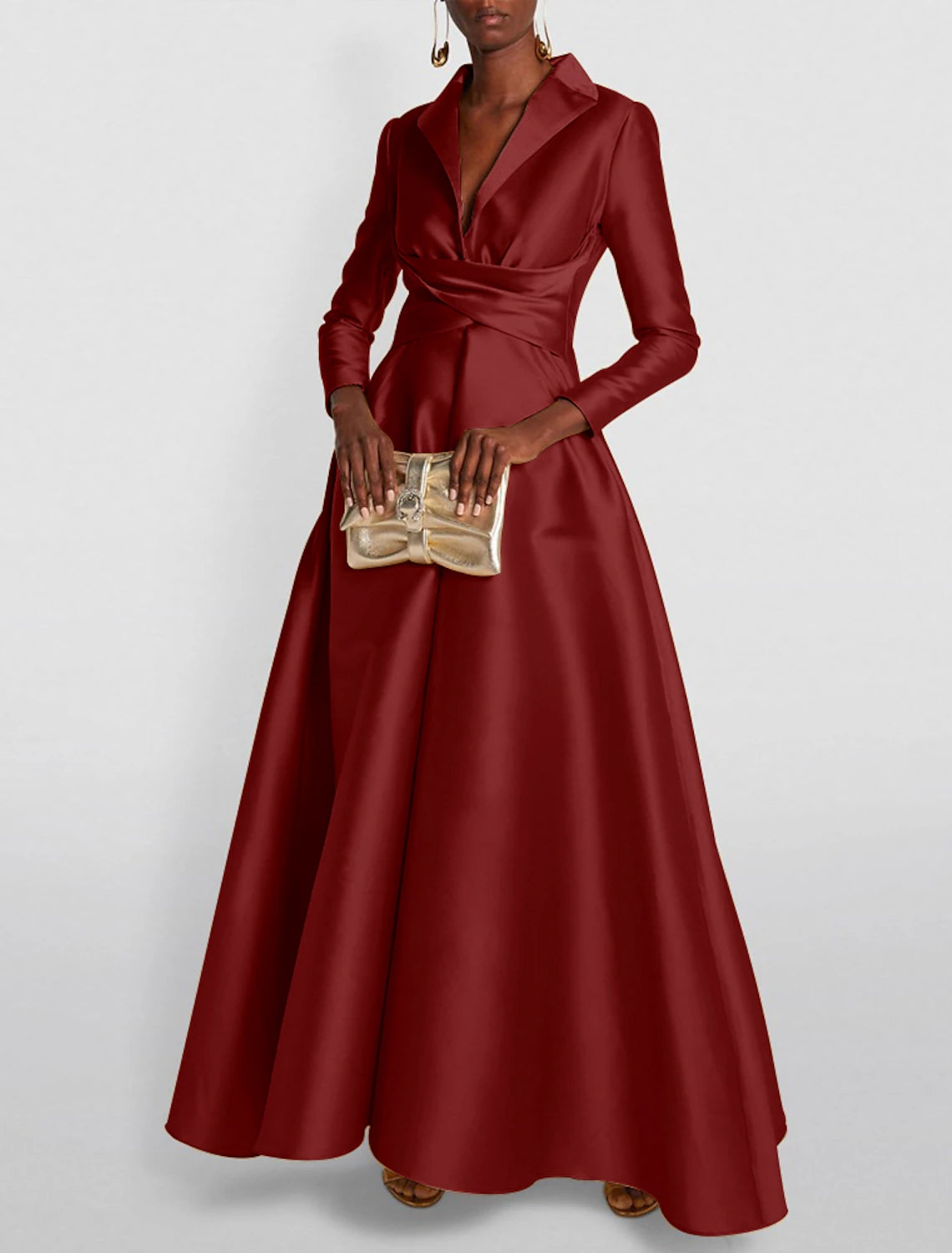 A-Line Evening Gown Wedding Guest Floor Length Long Sleeve Shirt Collar Satin with Ruched