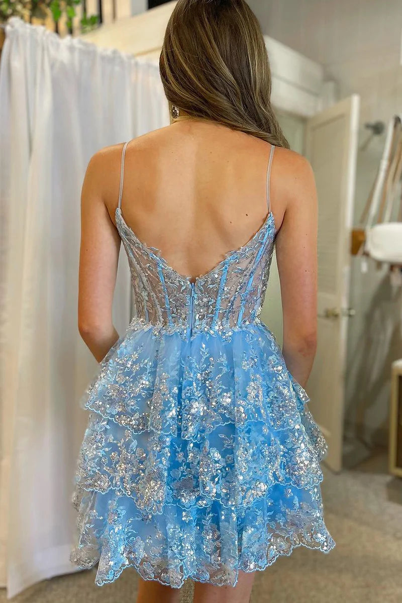 Cute A-Line Sweetheart Blue Lace Appliques Short Tiered Homecoming Dresses