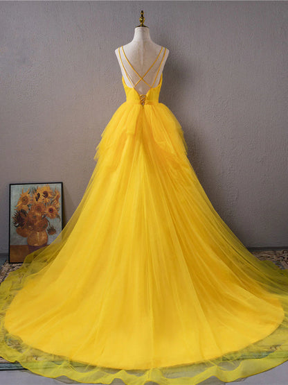 Yellow V Neck High Low Prom Dress Evening Dress