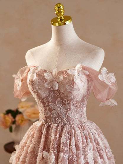 A-Line Off Shoulder Tulle Lace Pink Homecoming Dress