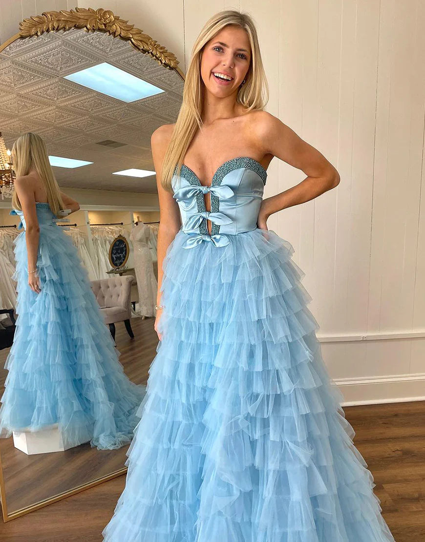 A-Line Princess Strapless Ruffle Tiered Long Prom Dress With Slit