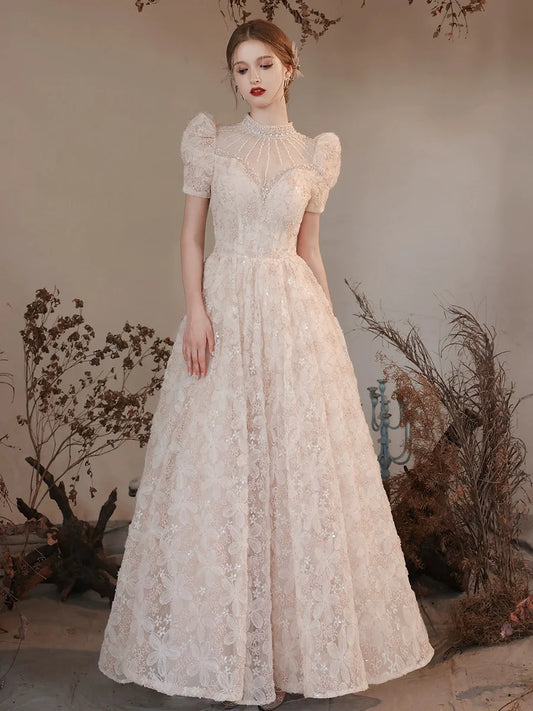 A-Line Princess High Neck Lace Bubble Sleeved Long Prom Dress with Beads