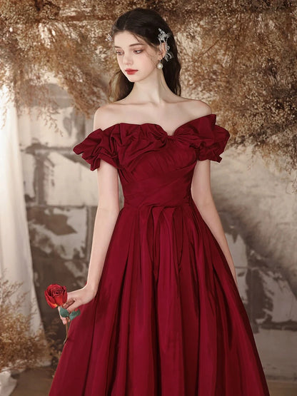 A-Line Off Shoulder Satin Burgundy Long Prom Dress Formal Dress