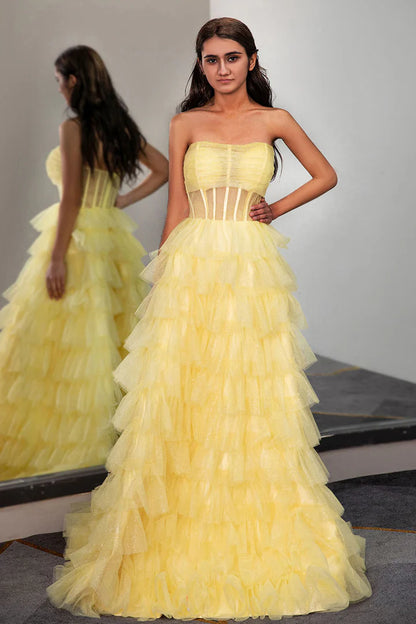 Glitter A-Line Princess Strapless Tulle Ruffle Tiered Corset Floor-length Prom Dress