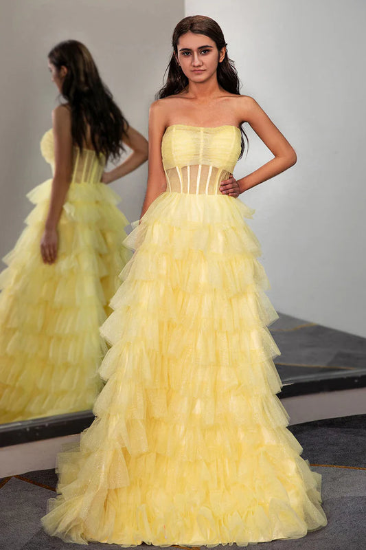 Glitter A-Line Princess Strapless Tulle Ruffle Tiered Corset Floor-length Prom Dress