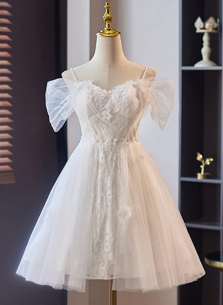 White Tulle with Lace Off Shoulder Short Party Dress Formal Dress