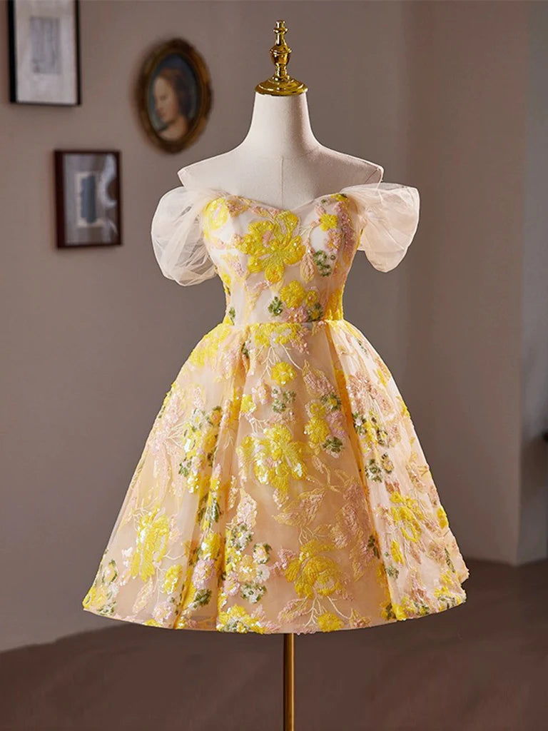 A-Line Off Shoulder Tulle Lace Short Yellow Sequins Prom Dress Homecoming Dress