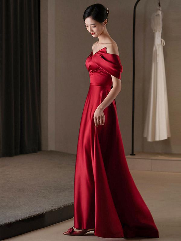 A-Line Bateau Neck Satin Fabric Floor-Length Formal Evening Dress