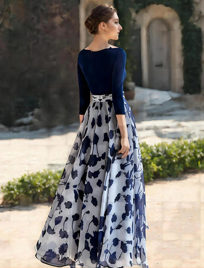 A-Line Mother of the Bride Dress Floral Dress Formal Wedding Guest V Neck Floor Length Chiffon with Flower