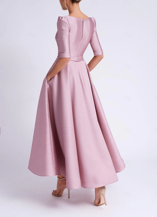 A-Line Wedding Guest Dress Semi-formal Tea Length Half Sleeve V Neck Satin with Pocket