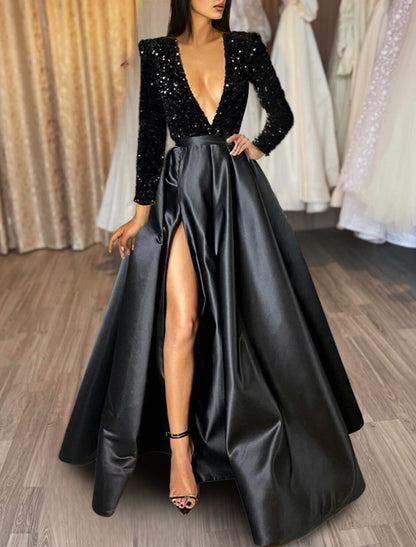 A-Line Evening Gown Formal Plus Size Wedding Court Train Half Sleeve V Neck Satin with Sequin Slit