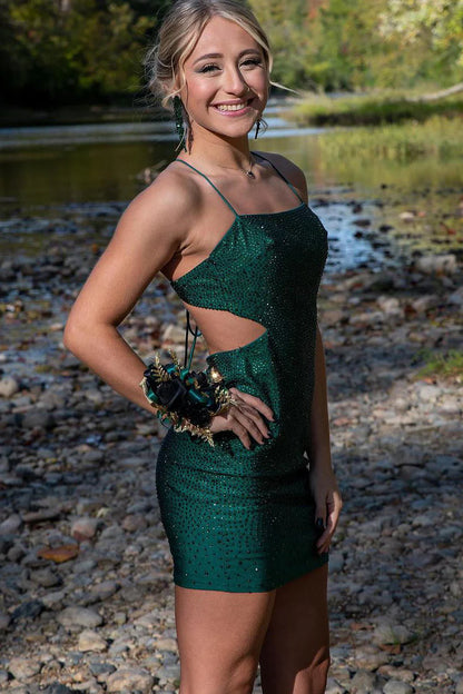 Dark Green Spaghetti Straps Short Homecoming Dresses with Beading