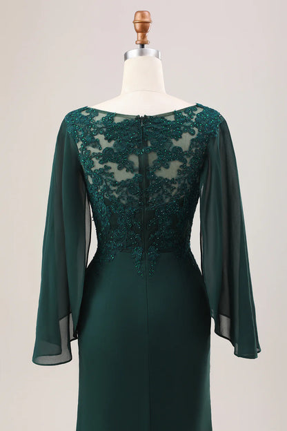 Glitter Dark Green Mermaid V-Neck Chiffon Long Sleeves Mother of Bride Dress