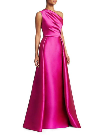 Sheath Evening Gown Wedding Guest Floor Length Sleeveless One Shoulder Satin with Overskirt Pure Color