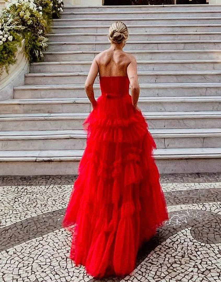 A-Line Princess Strapless Long Red Ruffle Tiered Prom Dress