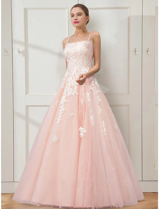 Ball Gown Prom Dresses Floral Dress Masquerade Floor Length Sleeveless Spaghetti Strap Tulle Crisscross Back with Embroidery