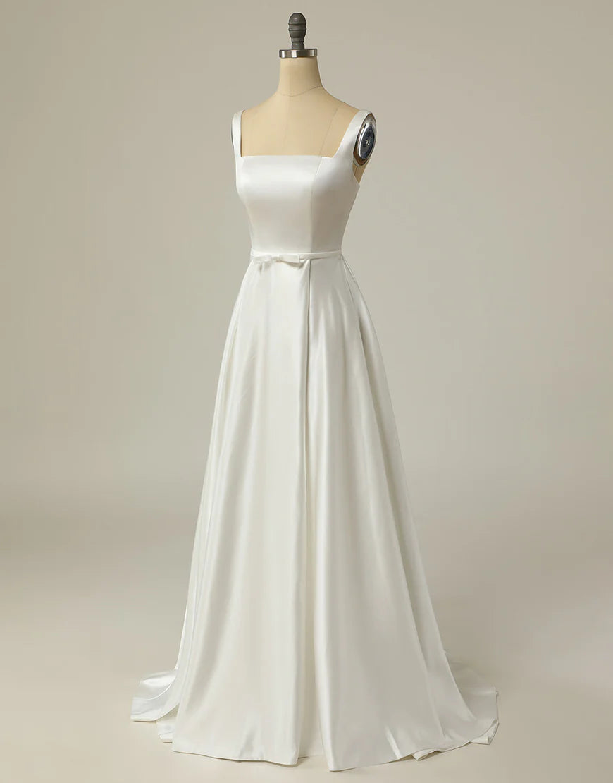 Simple A Line Square Neck White Long Wedding Dress Court Train Dresses